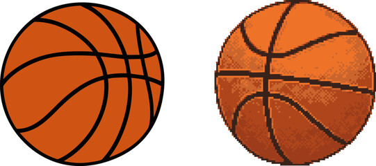 Two basketball illustrations side by side show design variations using traditional graphics and pixel art Perfect for sports or graphic design.