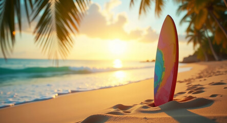 Colorful surfboard standing on sandy beach at sunset with palm trees and waves in the background, relaxing and idyllic tropical scene of exotic travel destination, blurred defocused ocean background