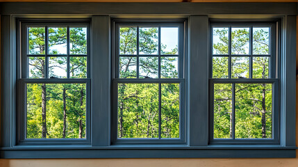 Triple windows, forest view, home interior