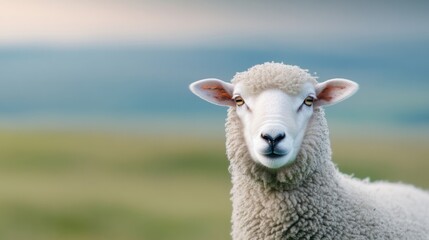 close-up image of sheep curious gaze its woolen texture prominently visible set against blurred pastoral meadow to