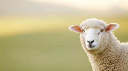 Obraz premium close-up image of sheep curious gaze its woolen texture prominently visible set against blurred pastoral meadow to