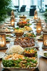 Fototapeta premium A beautifully set iftar table in the office lounge, featuring halal dishes like grilled meat, rice, and vegetable platters. Lanterns and Ramadan decor add warmth.