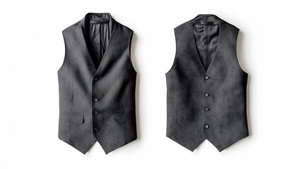 Classic Vest Elegance: A stylish, charcoal-hued vest showcases its tailored design from multiple angles, radiating sophistication and timeless appeal.