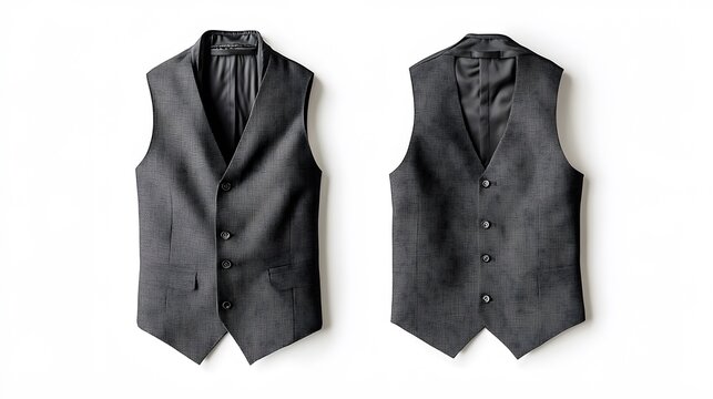 Classic Vest Elegance: A stylish, charcoal-hued vest showcases its tailored design from multiple angles, radiating sophistication and timeless appeal.