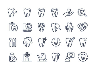 Dental icon set. containing tooth, dentist, toothpaste, toothbrush, teeth, implant and dentistry icons. can be used in children dentist clinic. medical health and dentistry concept. vector.