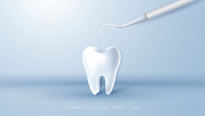 Cartoon tooth character looking in dental inspection mirror. Healthy tooth metaphor. can be used in children dentist clinic. medical health and dentistry concept. cartoon dental character. vector. © TripleP Studio