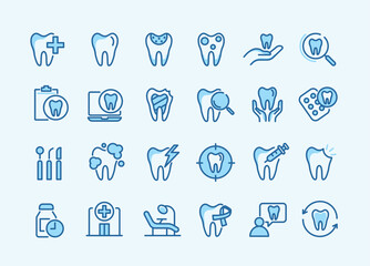 Dental icon set. containing tooth, dentist, toothpaste, toothbrush, teeth, implant and dentistry icons. can be used in children dentist clinic. medical health and dentistry concept. vector.