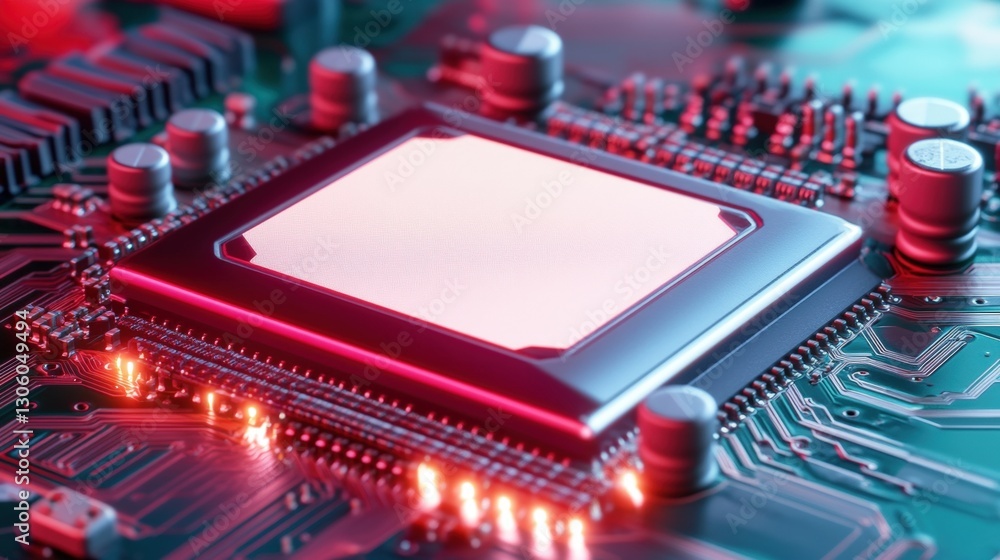 Poster a close-up view of a computer chip showcasing intricate details and the complexity of modern electro