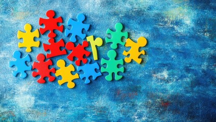 Colorful puzzle pieces scattered on textured blue background
