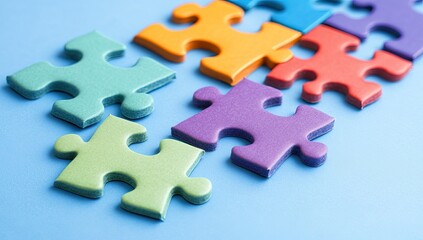 Fototapeta premium Colorful puzzle pieces on blue surface