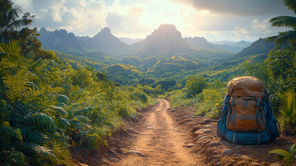 Fototapeta premium A traveler’s backpack rests on a winding forest path with lush greenery.