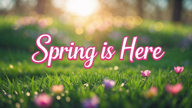  "Spring is here" , card with flowers and  grass , bokeh