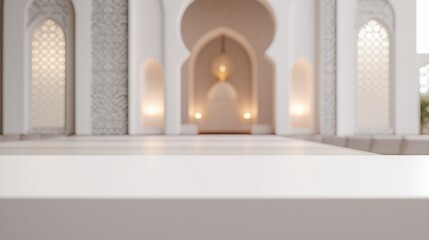 product display image of a white table top that extends across the frame, in front of a modern,  blurred mosque with light gray background 