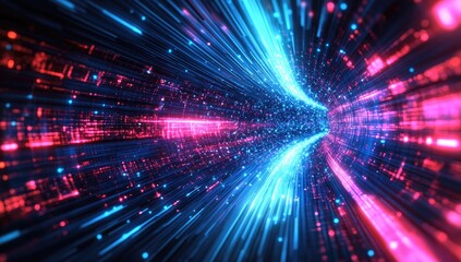 Digital tunnel with vibrant light streaks