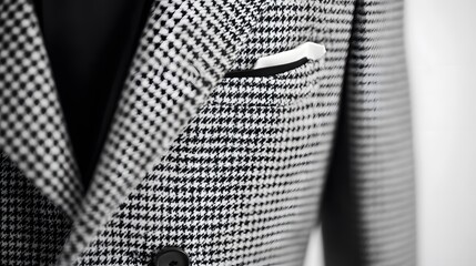 Sophisticated Houndstooth Blazer: A close-up view of a stylish houndstooth blazer, showcasing its intricate pattern and impeccable tailoring. The pocket square adds a touch of classic elegance.