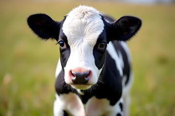 A black and white calf stares intently at the camera with innocent eyes.