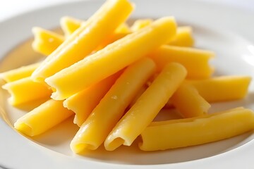 A close-up of yellow tube pasta served on a white plate shows detail