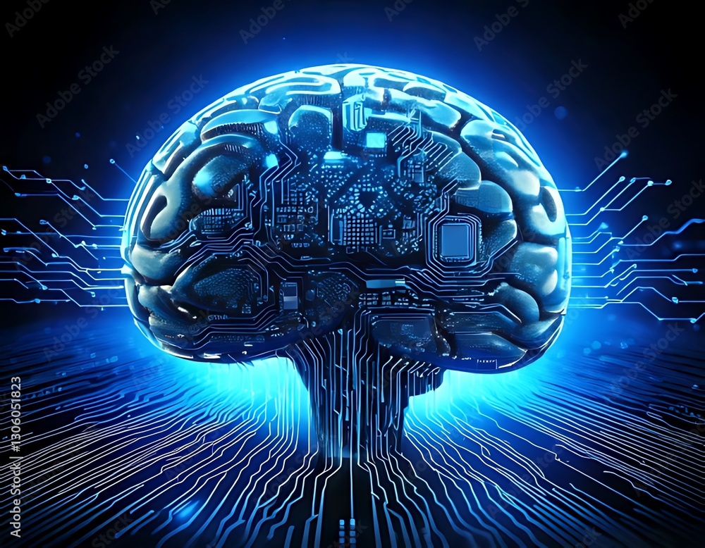 Aufkleber a glowing blue brain integrates with a circuit board symbolizing artificial intelligence.
