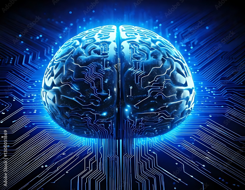 Aufkleber a glowing, blue brain integrates circuit patterns representing artificial intelligence.