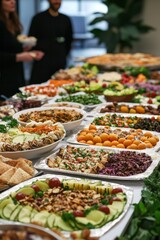 Obraz premium A halal-friendly potluck iftar where employees bring dishes from their cultures. The table is full of colorful meals and desserts.