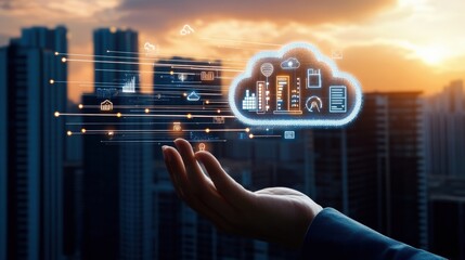 Holding a cloud of data urban environment digital visualization sunset background conceptual view of technology