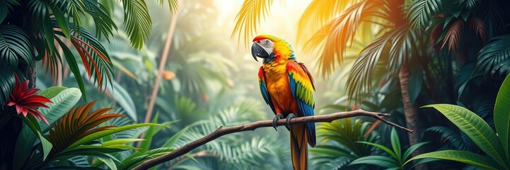 Obraz premium Macaw perched on a branch amidst a vibrant tropical forest, jungle interior, macaws