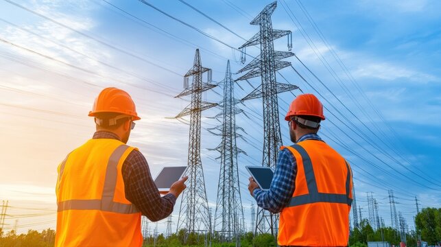 Construction workers inspecting power lines electrical site image outdoor eye-level midjourney woody