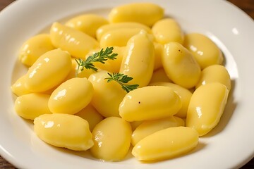 A plate of yellow, oblong gnocchi is garnished with a sprig of green
