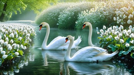 Serene Swans Gracefully Swimming in a Lush Green Landscape Surrounded by Blossoming Flowers