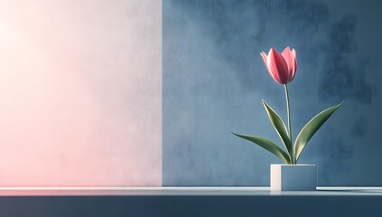 Pink Tulip on Shelf, Minimalist Still Life