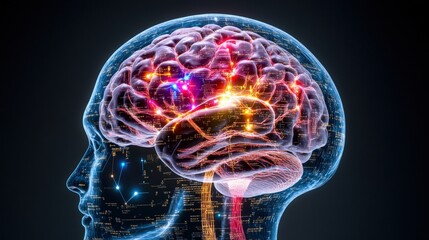 Human head with brain highlighted in red to illustrate brain function and cognitive activity in a scientific context