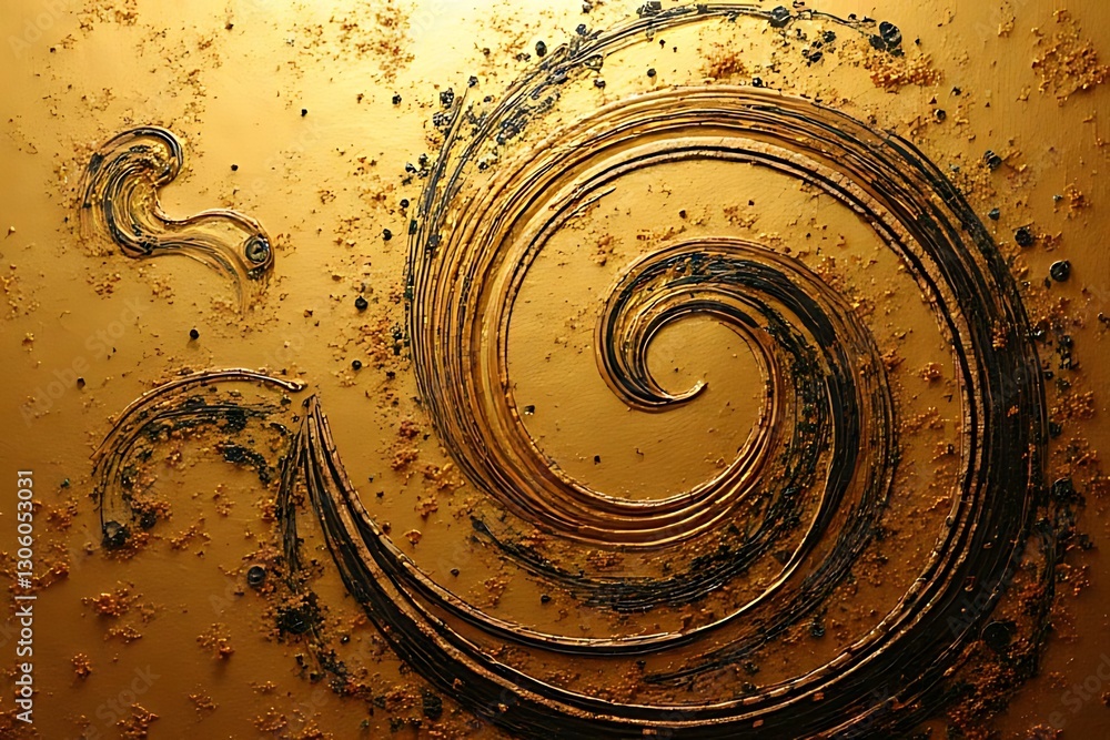 Poster a textured golden background with abstract dark swirling patterns