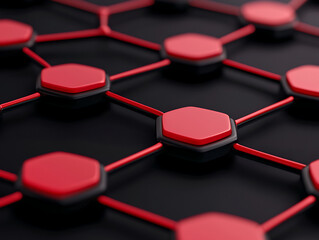 Cybersecurity Threat Landscape. Red hexagonal nodes connected by lines on black surface, symbolizing digital networks
