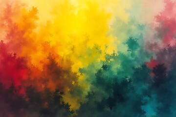 An abstract design shows vibrant colors blending with a cloud-like, pixelated texture