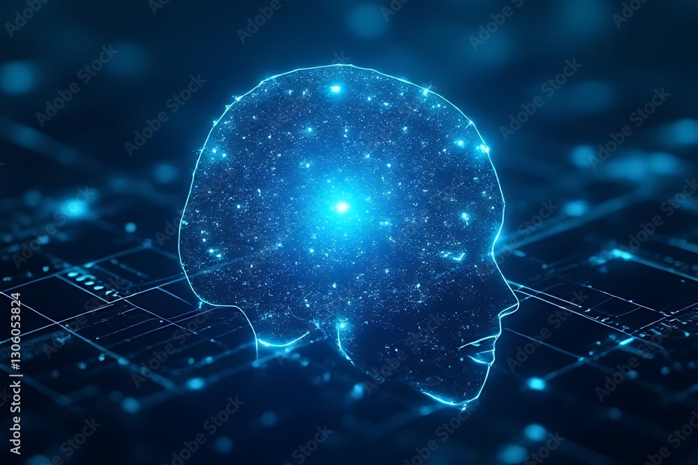 Aufkleber artificial intelligence image showing a digital human head on blue circuit pattern.