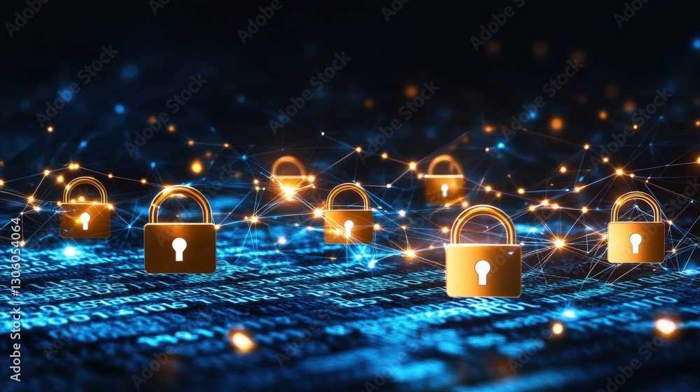 Poster combination of a lock and padlock positioned on a computer keyboard symbolizing cybersecurity and da