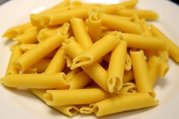 Close-up of yellow uncooked penne pasta in a pile on white plate.