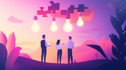 Minimal flat vector concept of business innovation, featuring three professionals collaborating with puzzle-piece light bulbs overhead