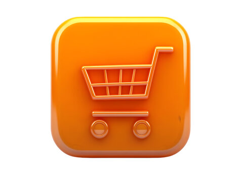 A vibrant orange shopping cart icon on a glossy button, symbolizing online shopping and e-commerce. Perfect for digital and retail marketing needs.