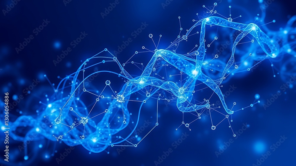 Poster glowing blue network of nodes interconnected by lines against a deep blue backdrop.