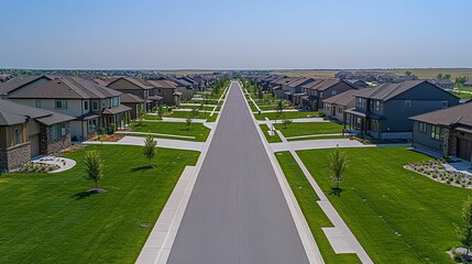 Obraz premium Suburban Street Lined With New Homes And Lush Lawns