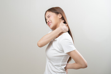 Pain body muscles stiff problem, asian young woman, girl painful with back, neck ache from work hand holding massaging rubbing shoulder hurt, sore on white background. Health care and medicine concept
