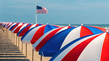 4th of July Party. Colorful beach umbrellas lined up with an American flag in the background.