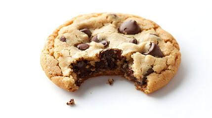Delicious Single Chocolate Chip Cookie with a Bite Taken Out, Isolated on White Background