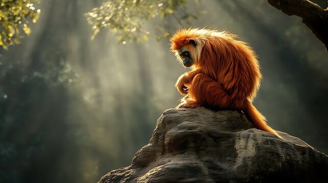 Contemplative primate perched on a rock, bathed in a golden forest sunlight