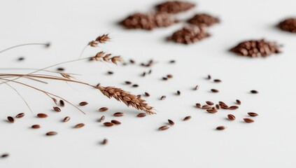 Flax seeds scattered near wheat on white.