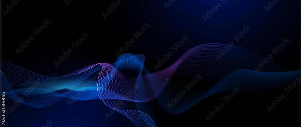 Leinwandbilder Vector element. Abstract wave line, particle dot pattern, neon light on dark blue gradient background. Modern futuristic design for banner background. Network, science, tech, data technology concept
