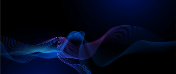 Vector element. Abstract wave line, particle dot pattern, neon light on dark blue gradient background. Modern futuristic design for banner background. Network, science, tech, data technology concept
