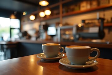 Fototapeta premium Two cups of coffee sit on a wooden table in a cafe setting