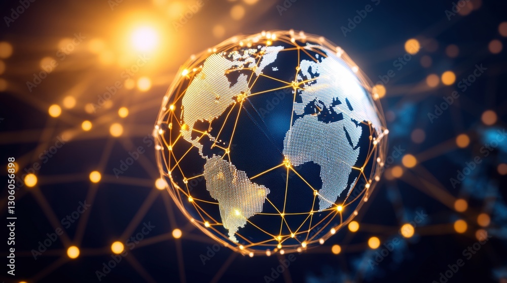 Poster global connectivity illustrated with a 3d globe surrounded by a network of dots representing digital